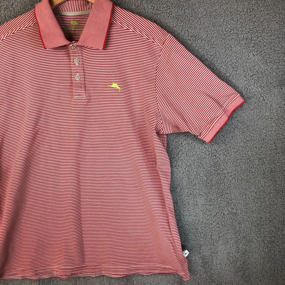 Tommy Bahama Mens Large Red White Striped Short Sleeve Marlin Polo Shirt - Picture 7 of 12